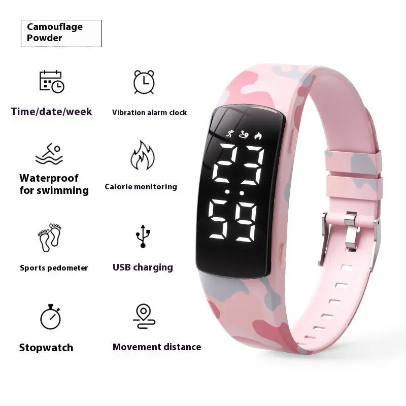Vibration alarm smart watch with coloured silicone strap and LED display on wrist
