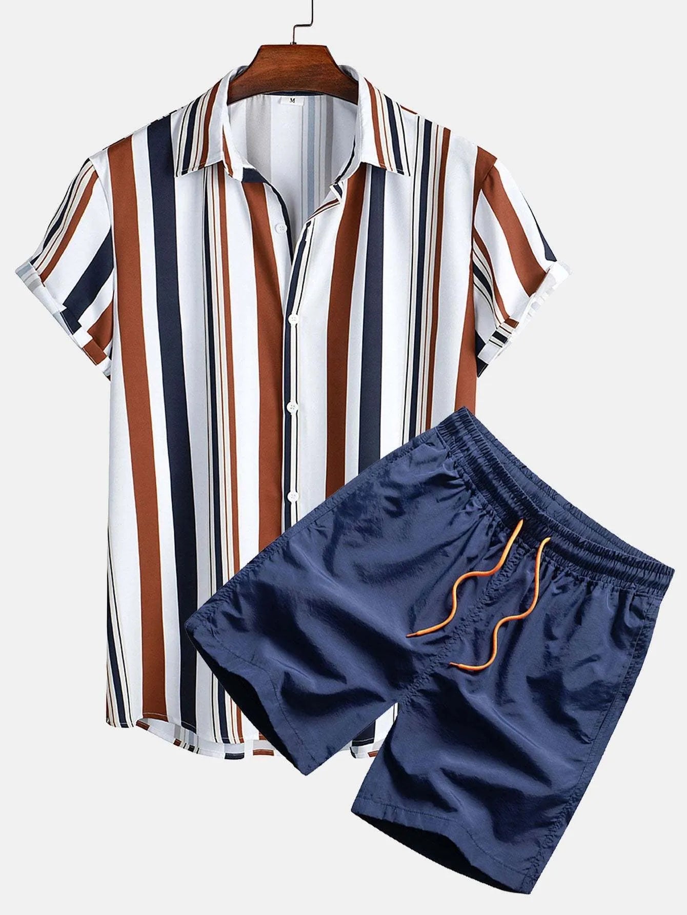 Men's digital printed cardigan and shorts casual suit set in elastic fabric