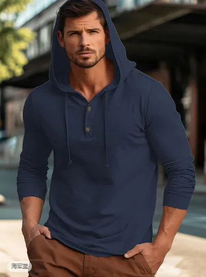 Men's cotton pullover hoodie in dark blue colour showing long sleeves and casual sports style