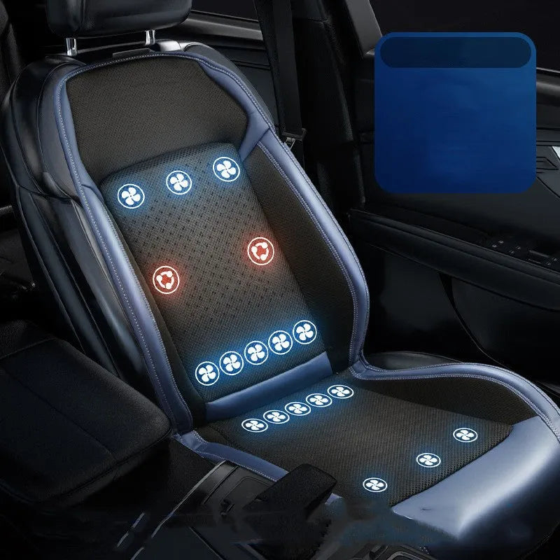 Black car seat cooling pad with 12V/24V universal power connector and USB charging port