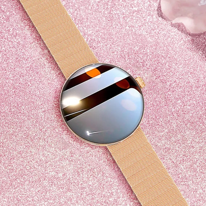 Women's smart watch with circular colour screen and metal wrist strap