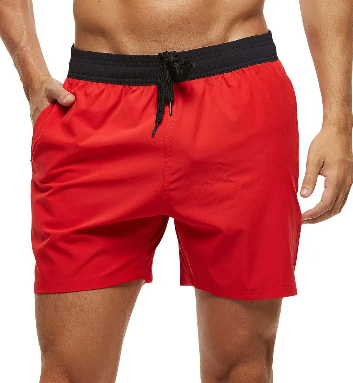 Men's blue running shorts with a stitching waistband, drawstring, and a side zippered pocket.
