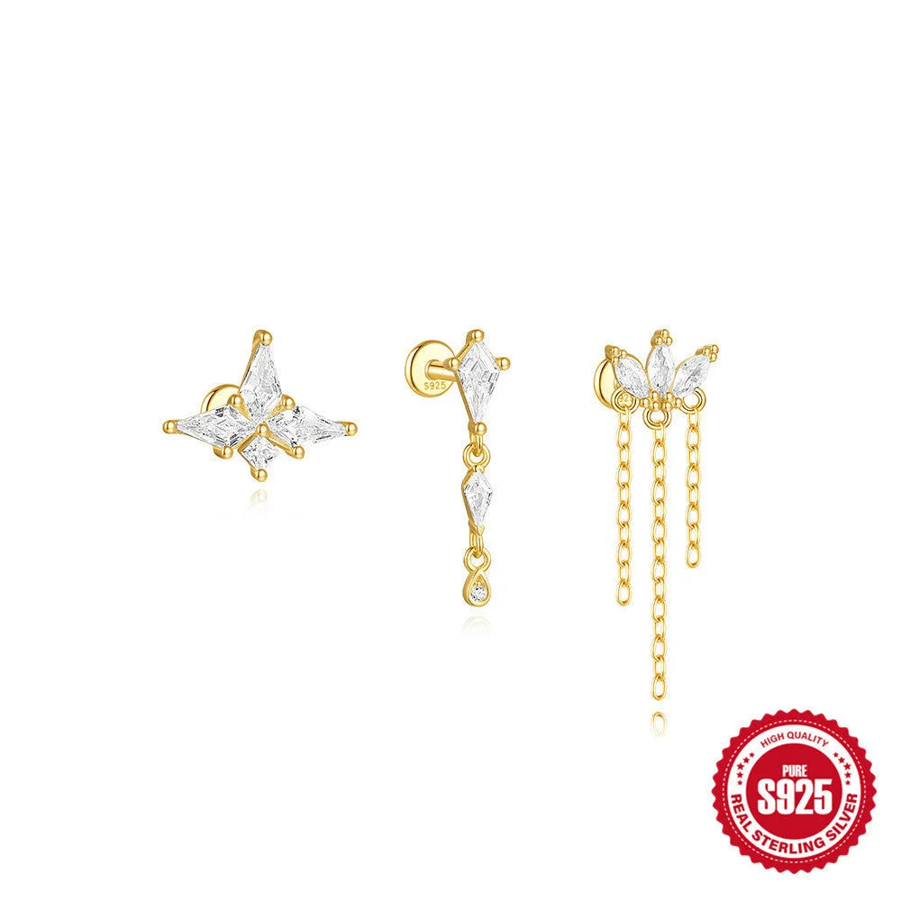 S925 sterling silver geometric kite earring with rhinestones and a chain tassel in a gold colour.