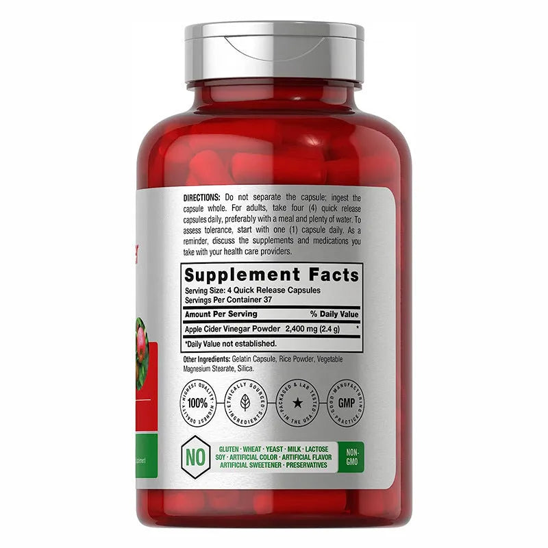 Container of apple cider vinegar capsules dietary supplement containing 150 tablets
