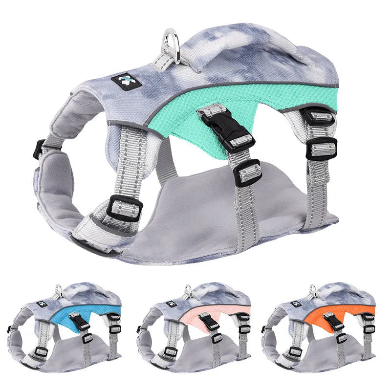 Reflective dog chest strap with LED strips in light blue, shown with adjustable fastenings.