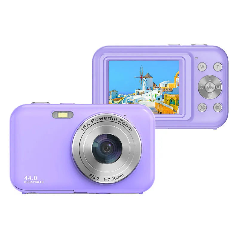 DC406L children's digital mini camera in pink showing 2.4-inch screen and lens.