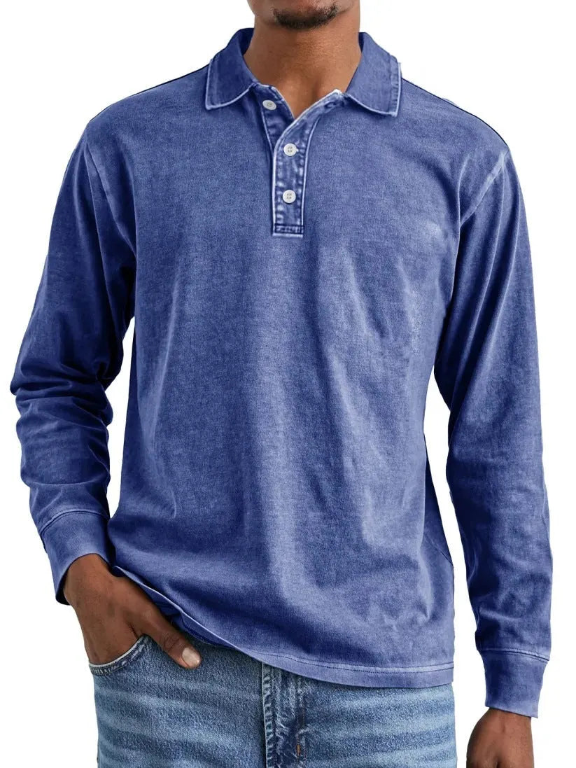 Man's retro washed cotton long sleeve polo shirt with button-up front and lapel collar in various colours.