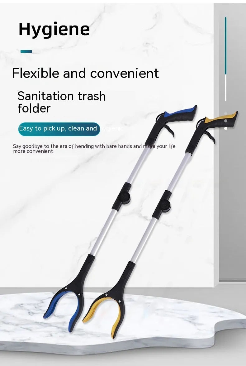 Silver folding rubbish grabber with blue handle extended to 80cm, showing magnet end.