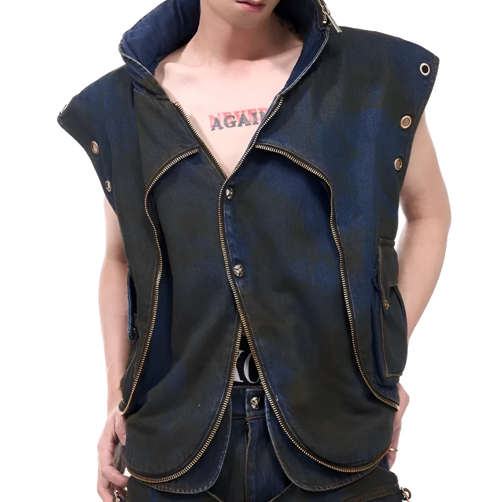 Blue hooded denim vest coat and matching trousers set with zipper front closure
