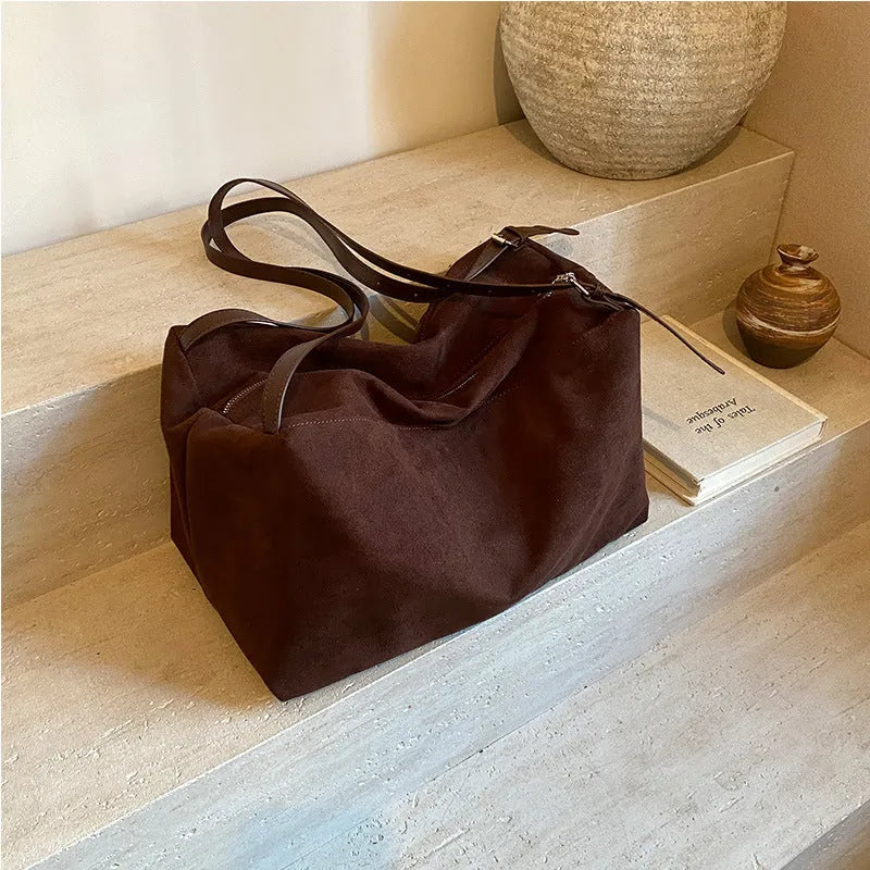 Women's large capacity suede pillow shoulder bag available in black, brown, coffee, khaki colours