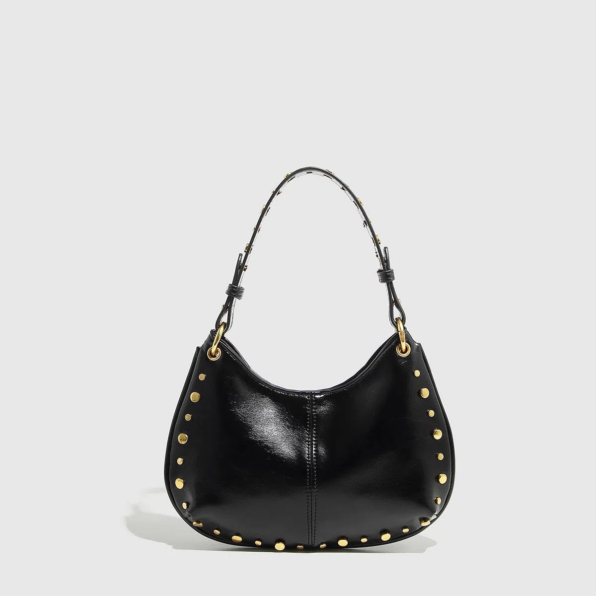 Woman's PU leather dumpling-shaped underarm bag with rivet studs and double straps, in black