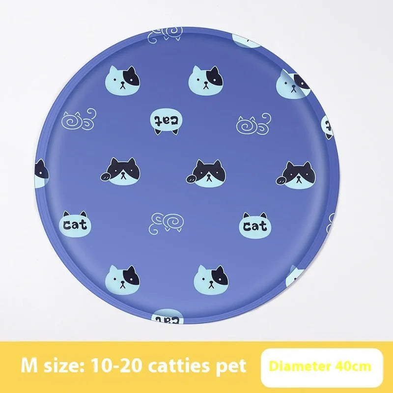 Round pet cooling mat with blue polar bear cartoon design on soft cloth fabric for dogs.
