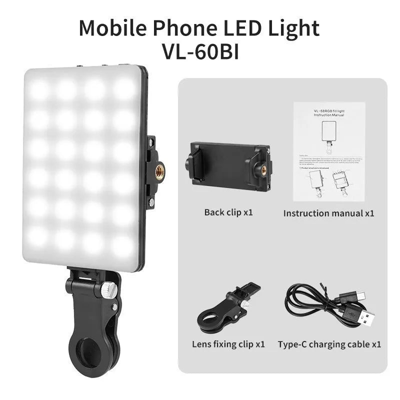 VL-60BI and VL-68BI LED pocket fill light clip for mobile phone photography