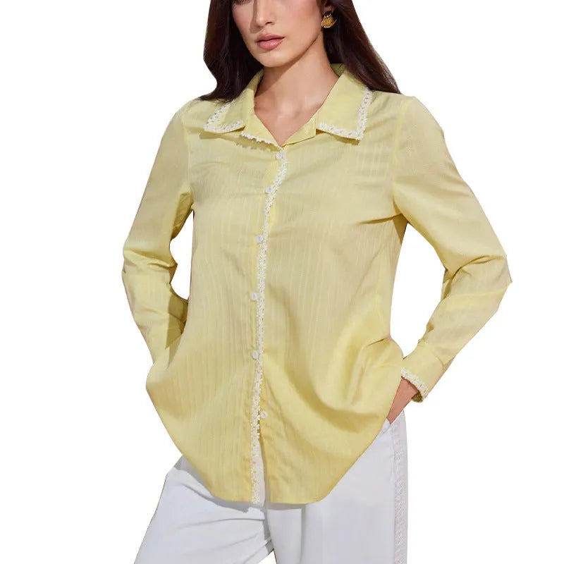Yellow solid colour lace long-sleeved cardigan top with stitching details on a plain background