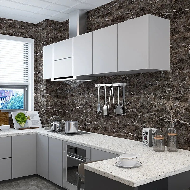 Self-adhesive PVC floor sticker 30cm x 30cm marble pattern in grey on a kitchen floor