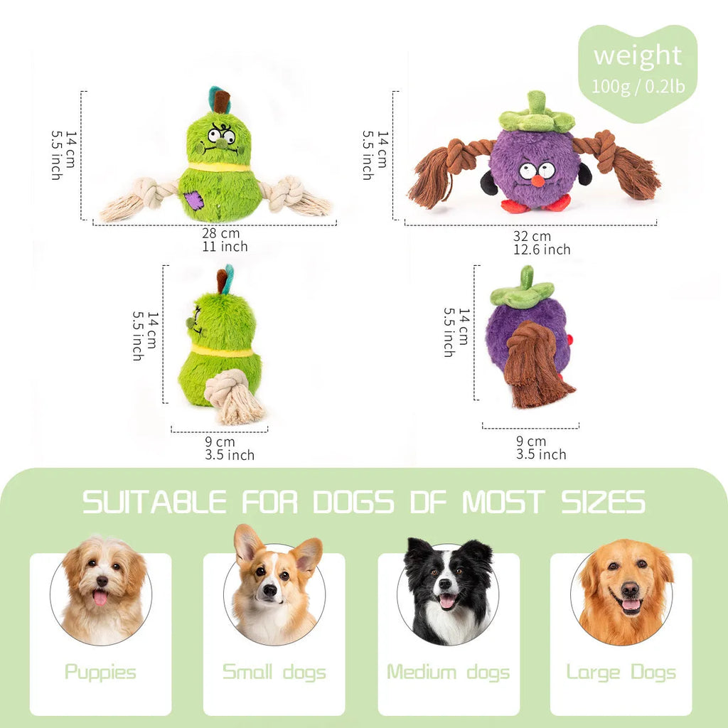 Green and purple plush rope knot dog toy for tug of war and dental care.