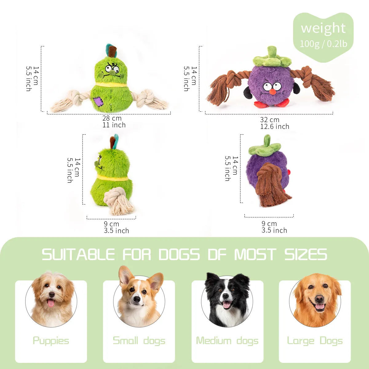 Green and purple plush rope knot dog toy for tug of war and dental care.