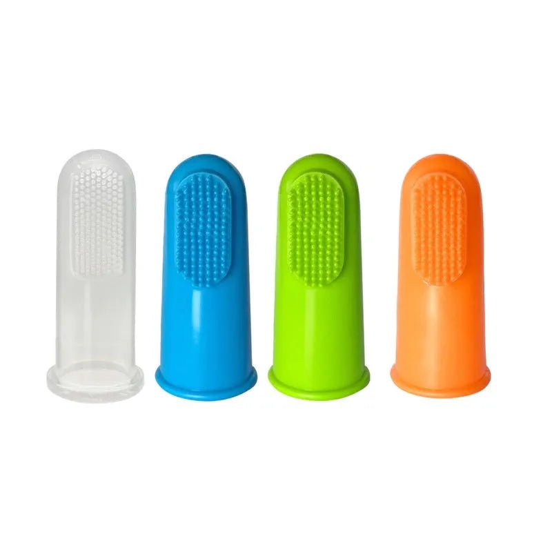 Boxed set of 4 pet finger toothbrushes in pink and blue TPR material on white background