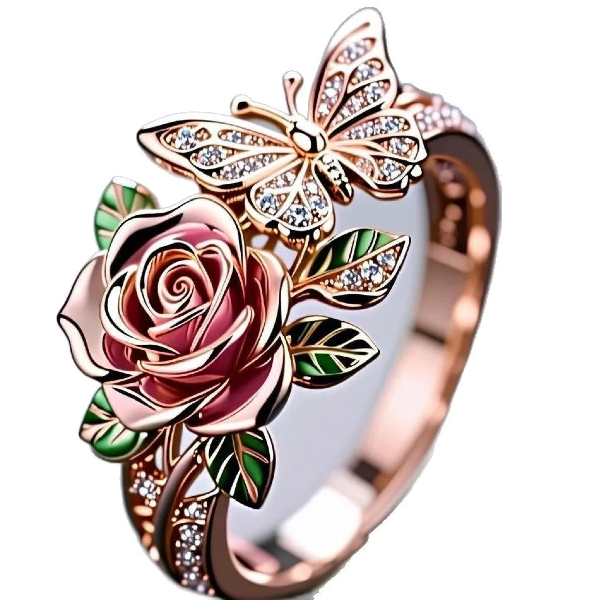 Colourful adjustable butterfly ring with floral details and a dripping oil finish.