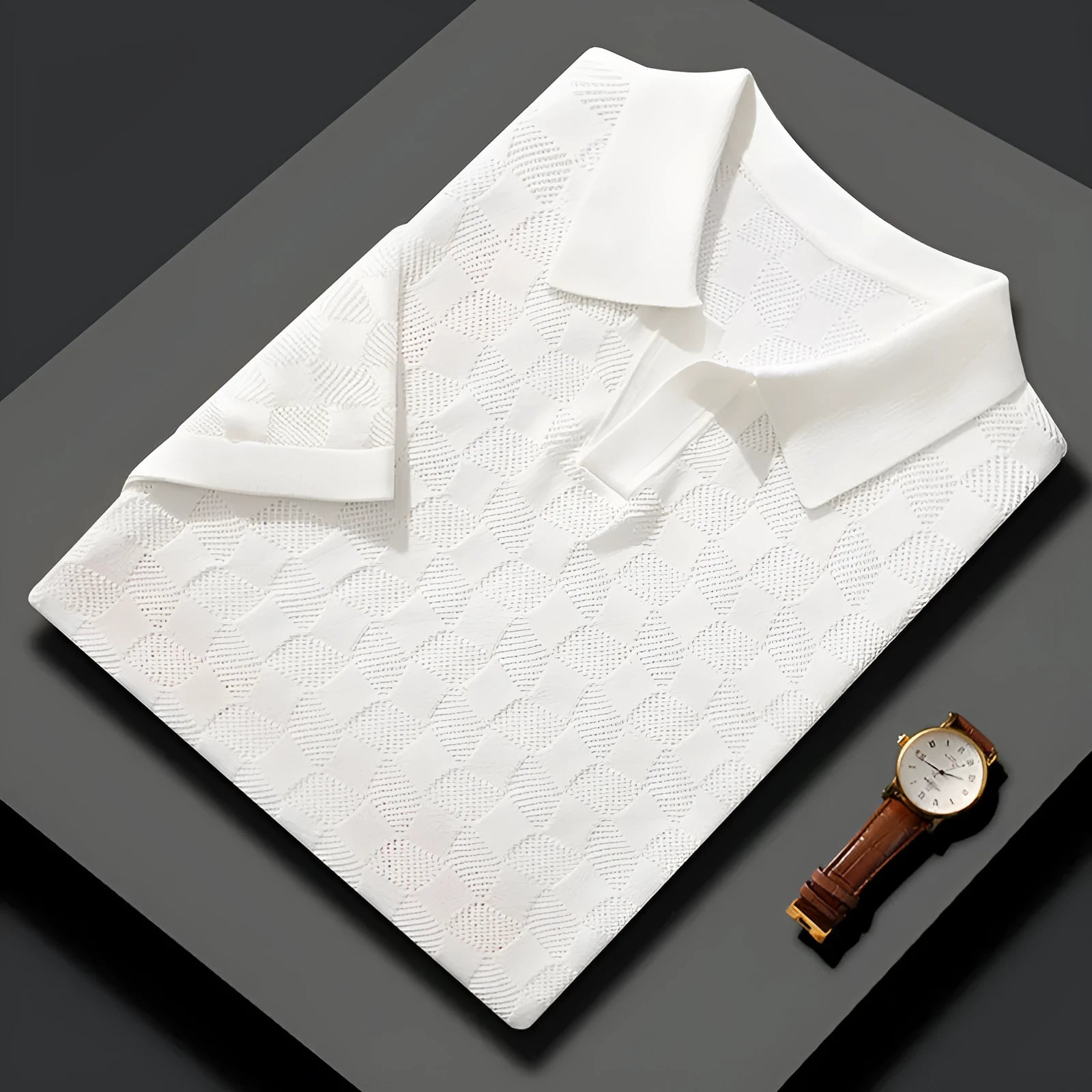 Men's short sleeve lapels sweater in mulberry silk with Jacquard knit and business casual styling