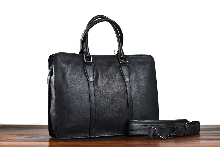 Men's horizontal leather handbag in vegetable tanned cowhide with 14 inch laptop compartment
