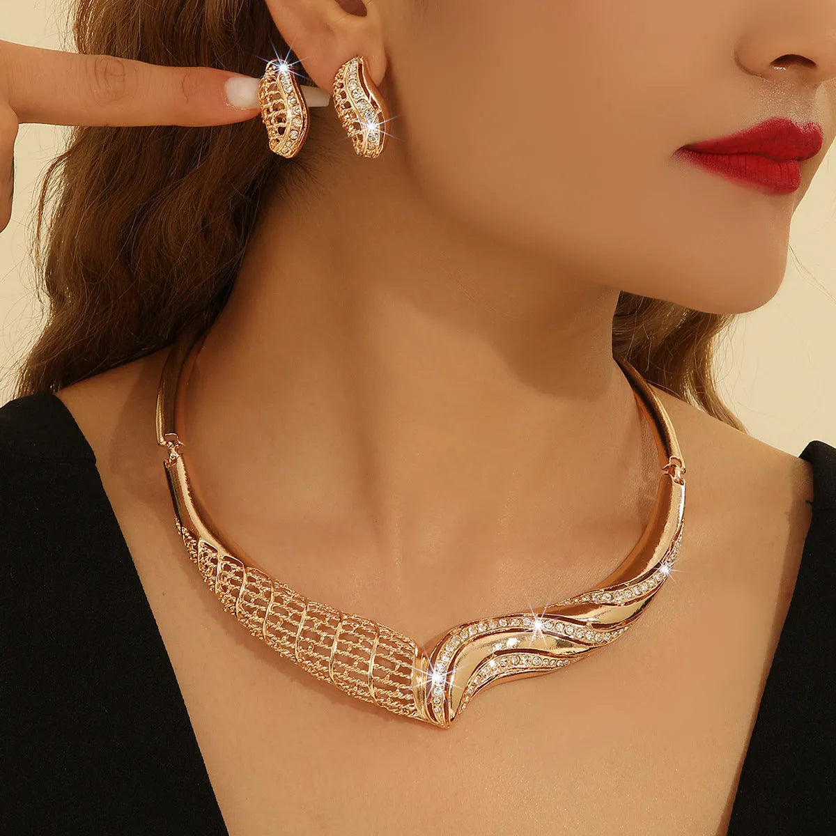 Gold alloy metal moon necklace and earrings suite for women with heart water drop bell patterns
