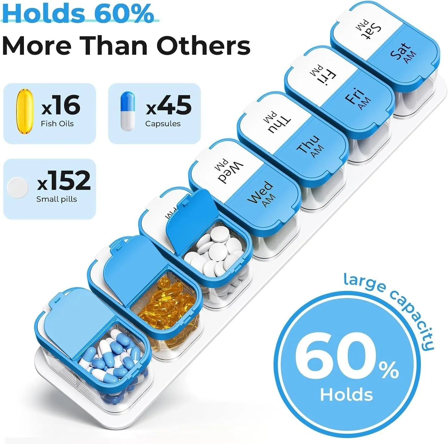 Extra large white plastic pill box with 14 removable compartments for medication organisation
