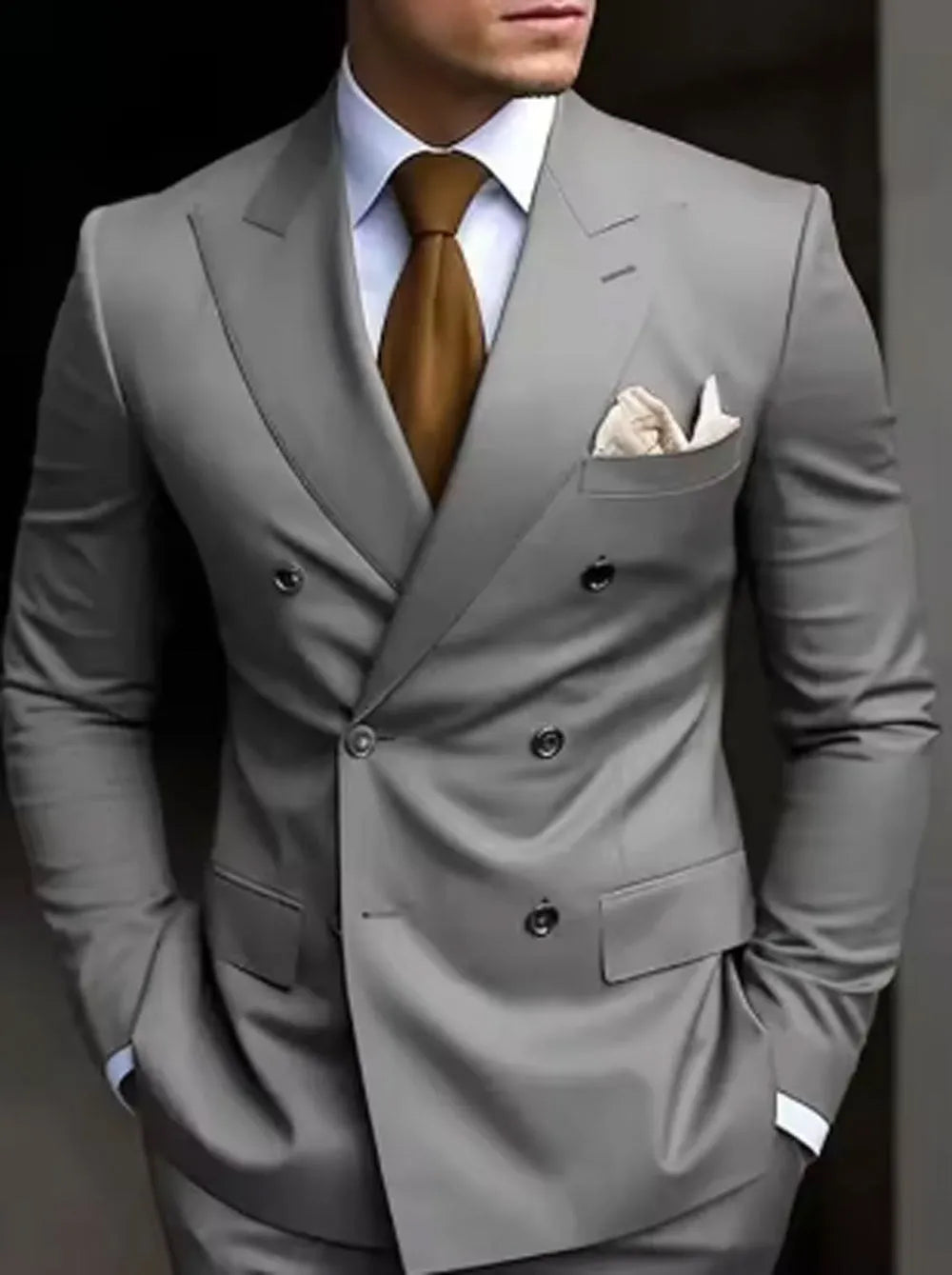 Korean style slim fit men's two-piece suit in grey, business casual cut with adhesive interlining construction.