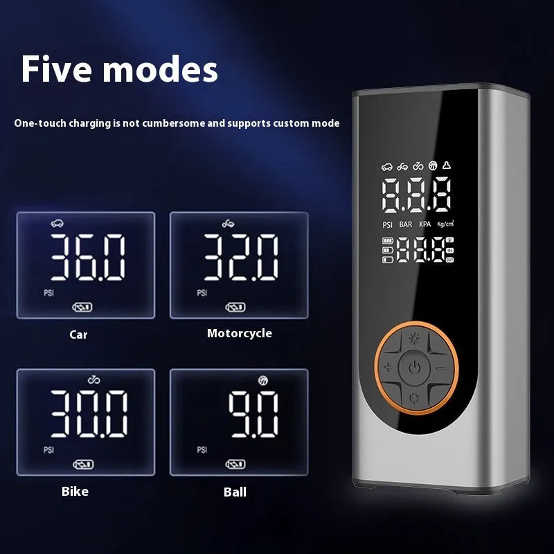 Wireless intelligent aluminium alloy car tyre inflator in black with LED gauge and warning light on a dark background
