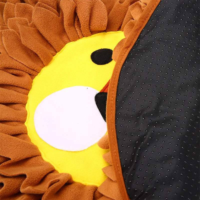 Brown lion-shaped pet sniffing pad with textured fabric for hiding dog or cat food.