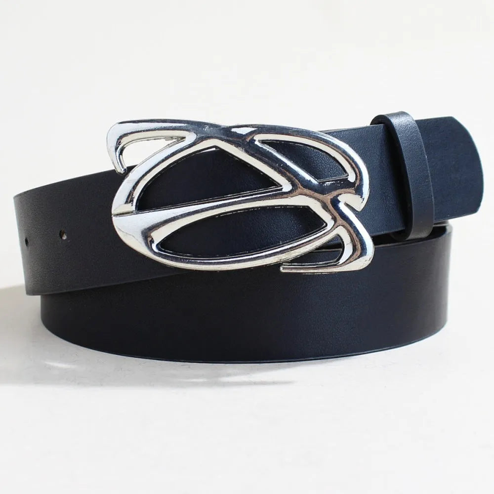 Men's silver buckle snap button belt made from black PU leather.