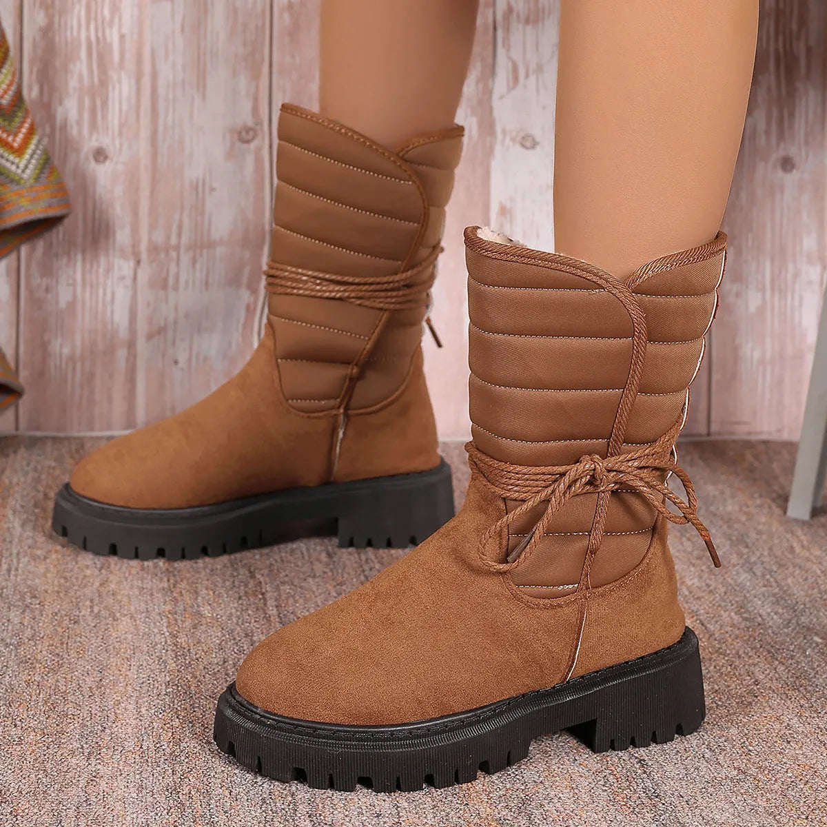 Women's black suede chunky heel snow boots with lace-up high-top and fleece lining.