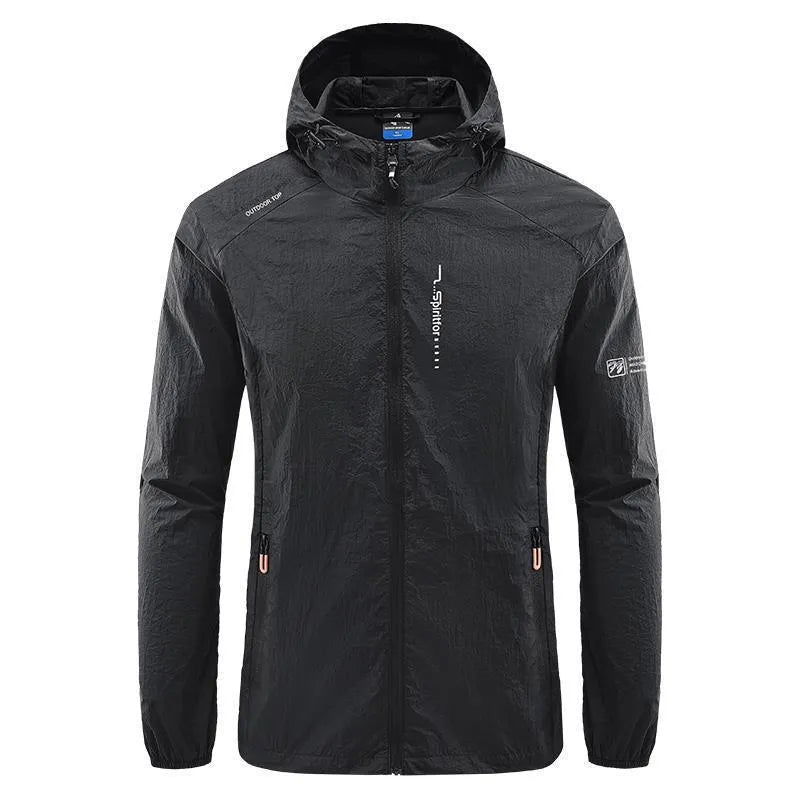Men's hooded summer jacket in thin nylon fabric, loose fit, available in light grey, dark grey, black, dark blue, and denim blue