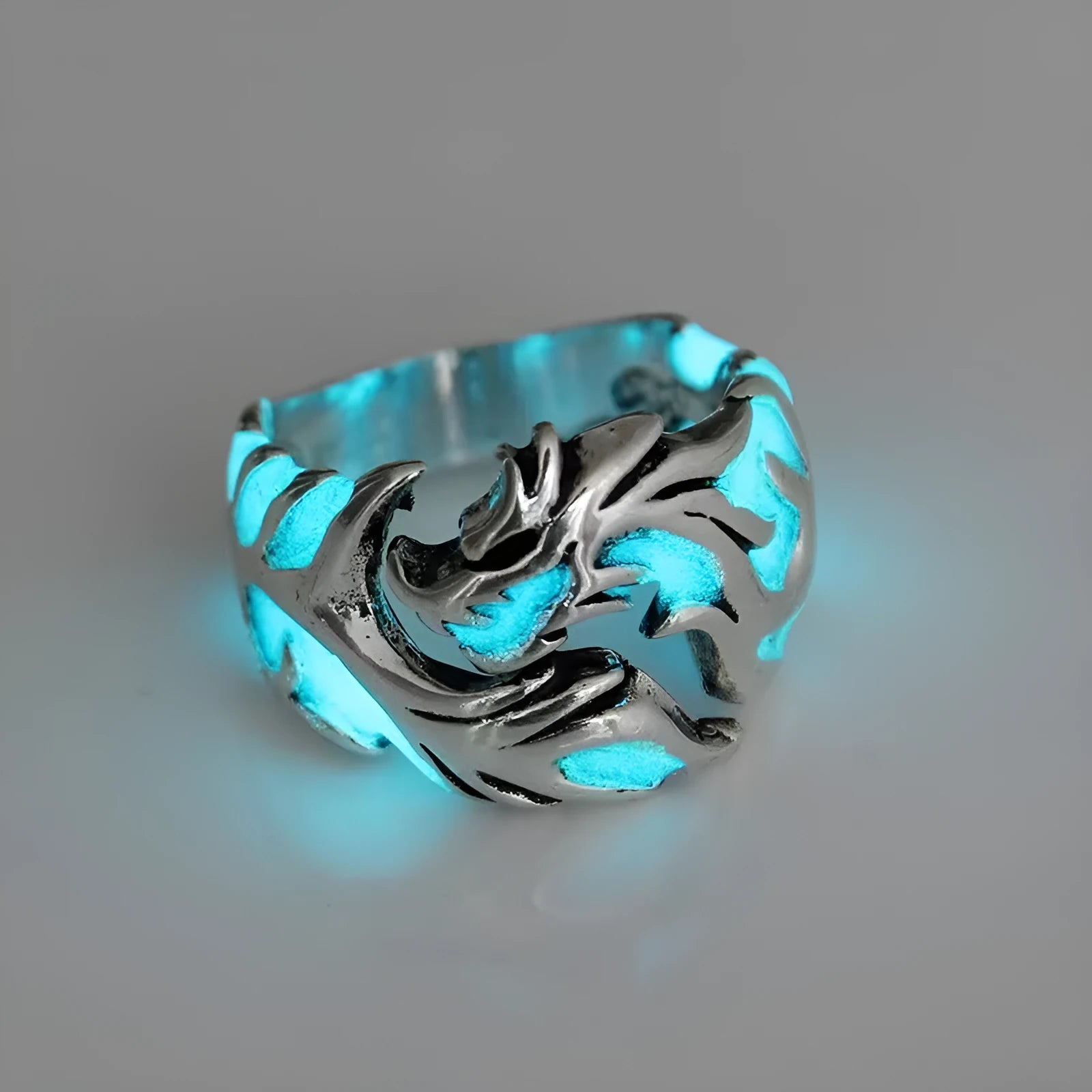 Chinese style adjustable ring with luminous dragon pattern in antique silver blue and green electroplated metal