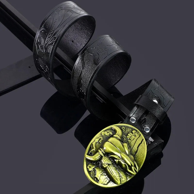 Cow head buckle men's imitation leather belt in black and brown colour options showing decorative alloy buckle detail