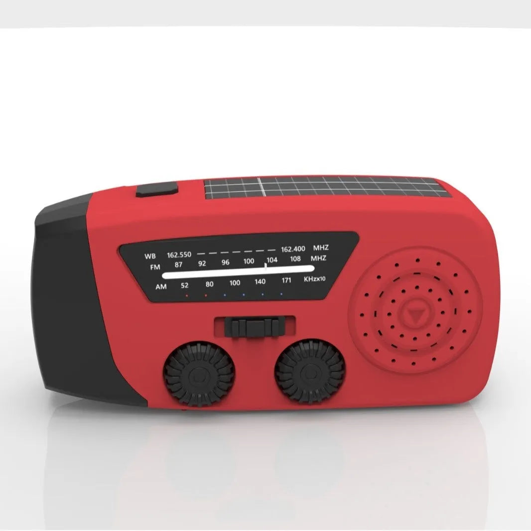 Red rechargeable emergency radio torch with AM/FM receiver, LED flashlight, and wrist strap
