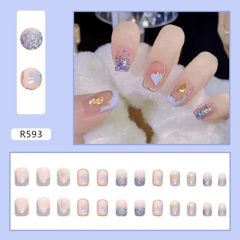 Nude short square fake nails 24pcs in R593 cream colour with glue in box