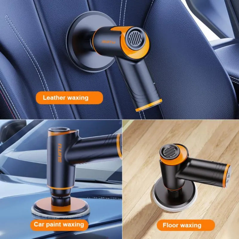 Black car polishing machine with 12cm disc and USB charging cable on a workshop bench