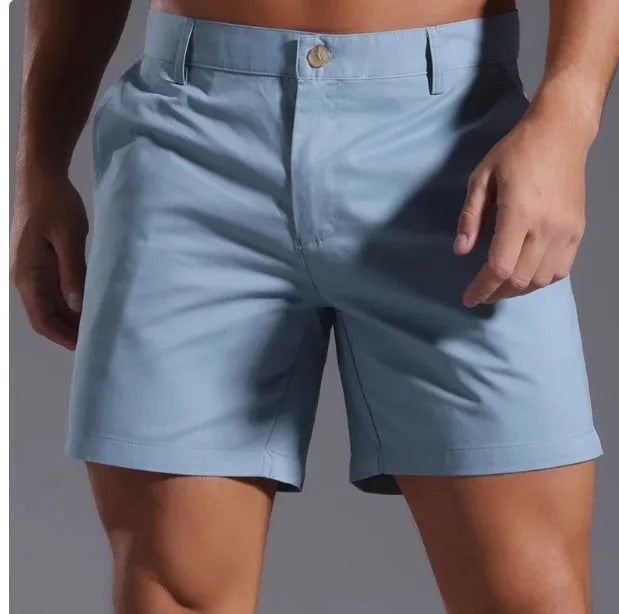 Men's gray cotton blend casual sports shorts with straight leg Korean style and elastic waistband.