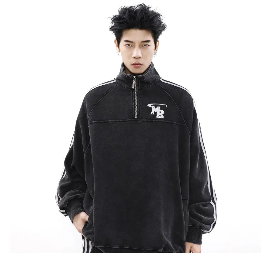 Black men's Hong Kong style hoodie with a stand collar and long sleeves on a mannequin