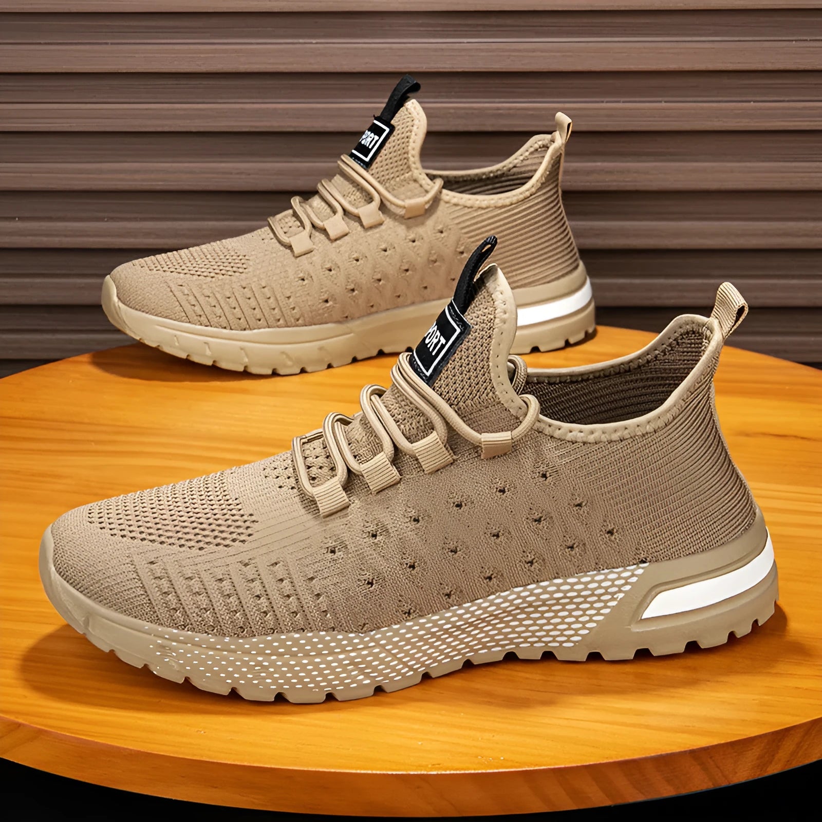 Men's lightweight mesh casual shoes in army green colour, size 42 displayed on white background