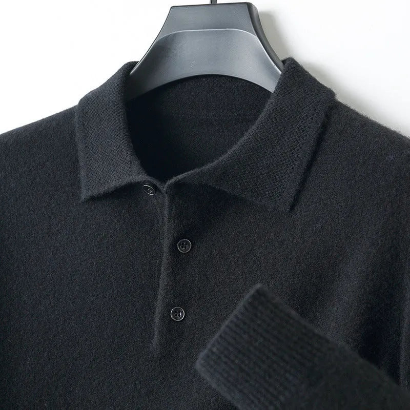 Men's wool polo collar pullover sweater in multiple colours with long sleeves and collage stitching detail.