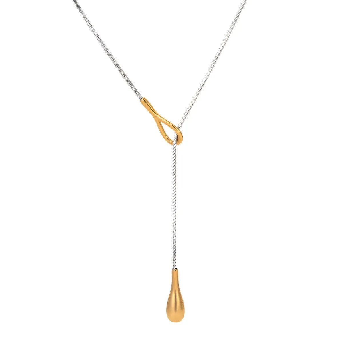 Stainless steel tassel water drop earrings with Y-word chain ornament in 18K gold electroplated finish, geometric drop-shaped design