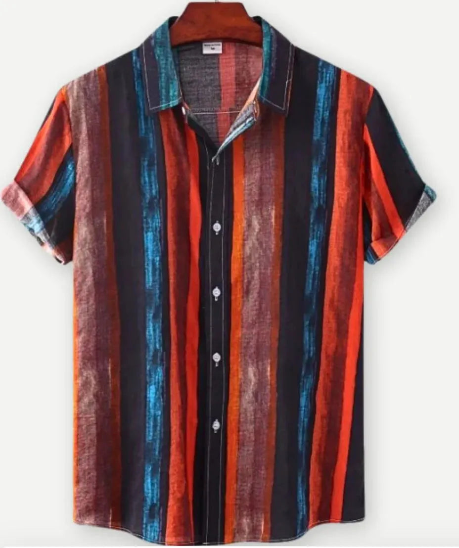Man wearing a short sleeve floral Hawaiian shirt with lapel collar, made from elastic polyester fabric.
