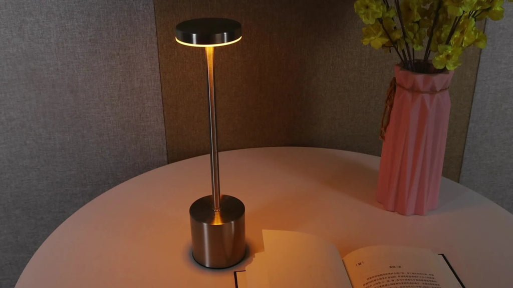 Modern minimalist iron LED table lamp with warm diffused glow, silver finish, I-shaped design