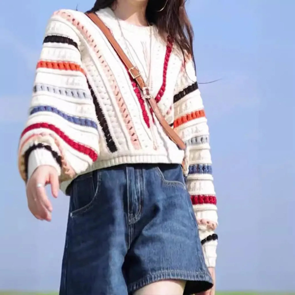 Rainbow striped batwing sleeve pullover sweater with round neck and loose fit