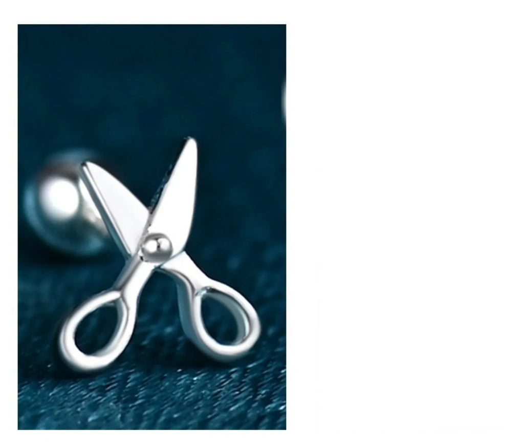 Small silver ear nails with miniature scissors design and screw-back fitting