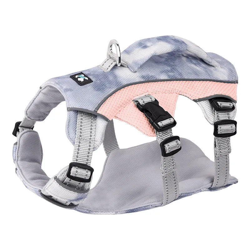 Reflective dog chest strap with LED strips in light blue, shown with adjustable fastenings.