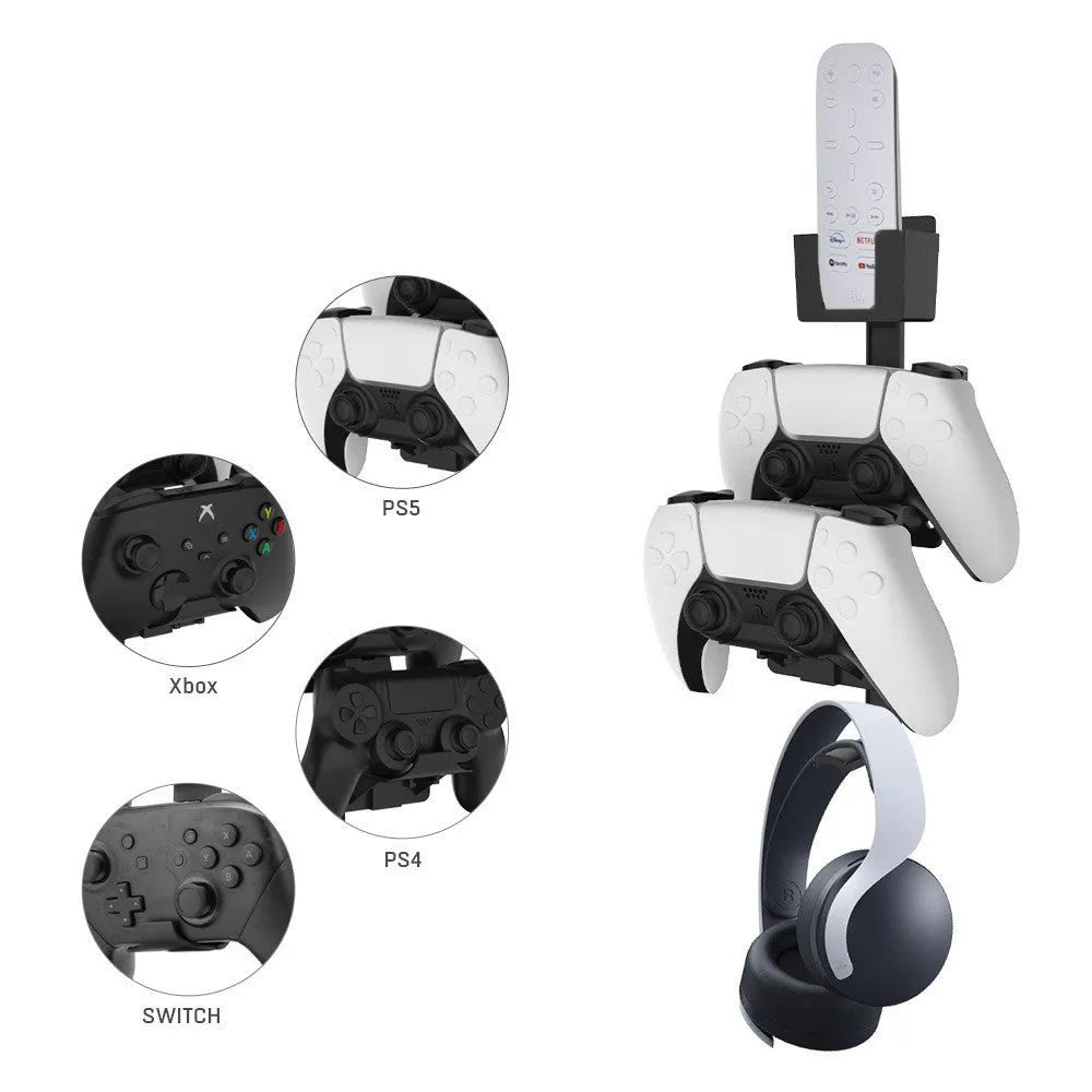 White ABS plastic wall hook holding a PS5 controller and gaming headset.