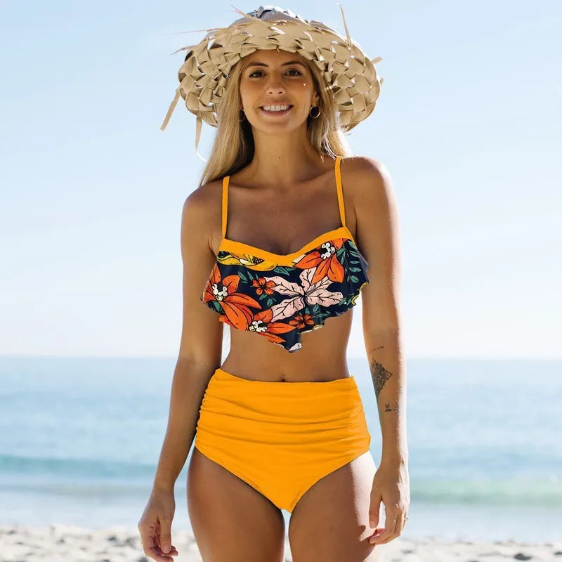 Women's green split bikini swimsuit with pleated pants and high-waisted briefs style